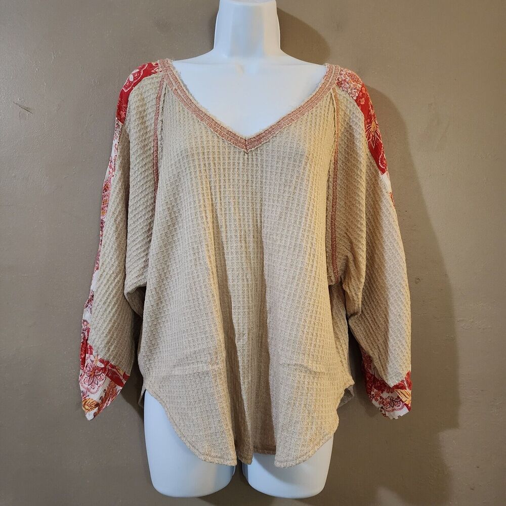 Hummingbird Womens Dolman Raglan Waffle Knit Sweater Size S Oversized V-Neck